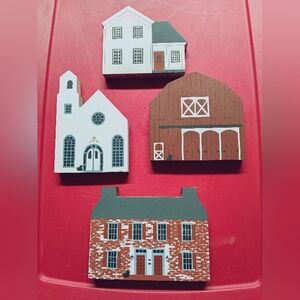 The Cat's Meow 4 piece set Church, Grimm's farmhouse, Mail Pouch tobacco barn, J